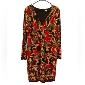 Caché Dress Red, Black & Gold Size 14 standard wears like a 12.